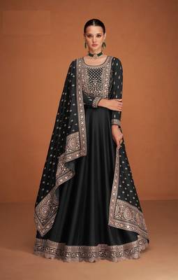 Elegant Black Embroidered Premium Silk Anarkali Suit | Semi-Stitched 1