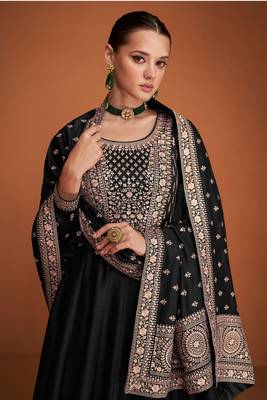 Elegant Black Embroidered Premium Silk Anarkali Suit | Semi-Stitched 2