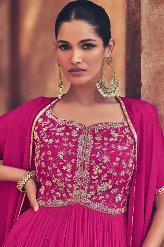 Graceful Pink Chinon Silk Anarkali Salwar Suit with Embroidery | Semi-Stitched