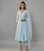 Malsa powder blue hand woven chanderi suit set with pearl embroidery