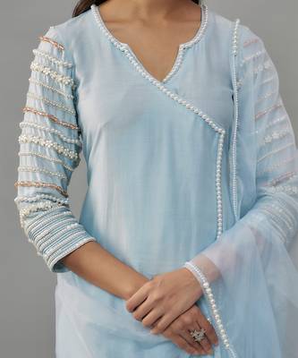 Malsa powder blue hand woven chanderi suit set with pearl embroidery 2