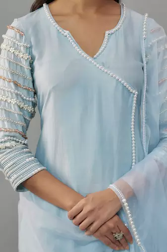 Malsa powder blue hand woven chanderi suit set with pearl embroidery