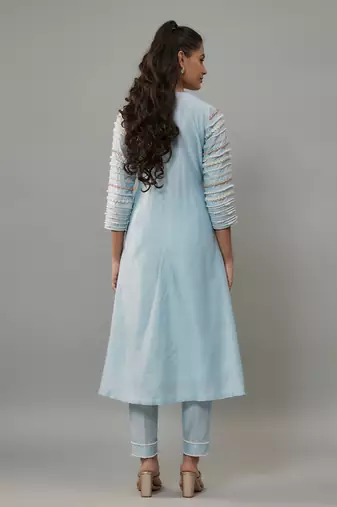 Malsa powder blue hand woven chanderi suit set with pearl embroidery