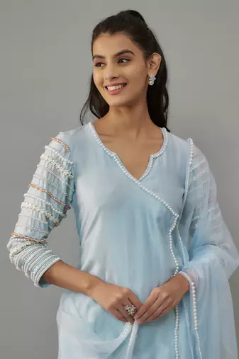 Malsa powder blue hand woven chanderi suit set with pearl embroidery