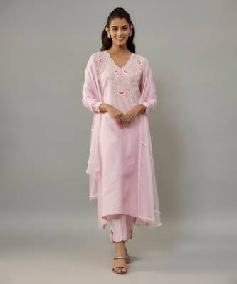 Darika powder pink hand woven chanderi suit set with pearl embroidery 1