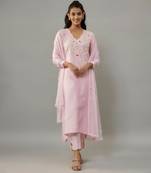 Darika powder pink hand woven chanderi suit set with pearl embroidery