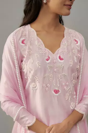 Darika powder pink hand woven chanderi suit set with pearl embroidery