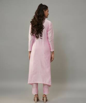 Darika powder pink hand woven chanderi suit set with pearl embroidery 3
