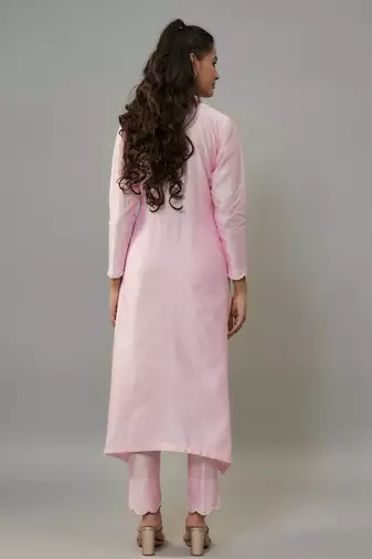 Darika powder pink hand woven chanderi suit set with pearl embroidery