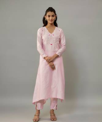 Darika powder pink hand woven chanderi suit set with pearl embroidery 4