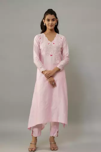 Darika powder pink hand woven chanderi suit set with pearl embroidery