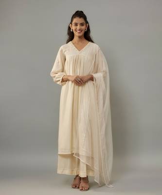 Azura ivory hand woven chanderi suit set with pearl embroidery 1