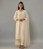 Azura ivory hand woven chanderi suit set with pearl embroidery