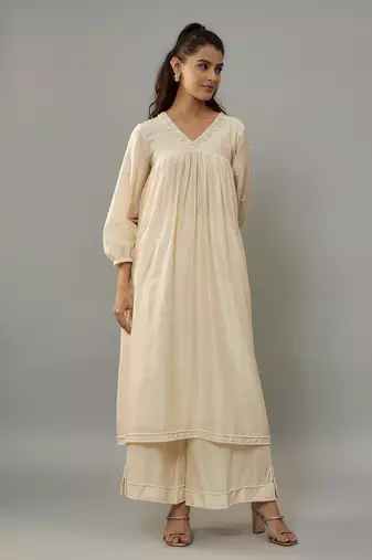 Azura ivory hand woven chanderi suit set with pearl embroidery