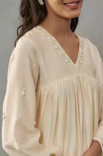Azura ivory hand woven chanderi suit set with pearl embroidery