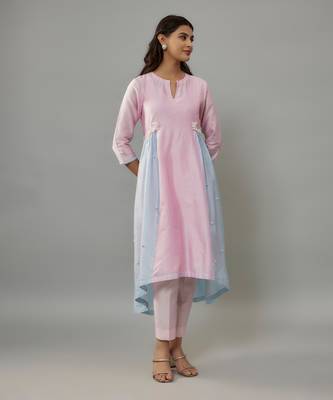 Ruelle powder pink hand woven chanderi co-ord set with pearl embroidery 1