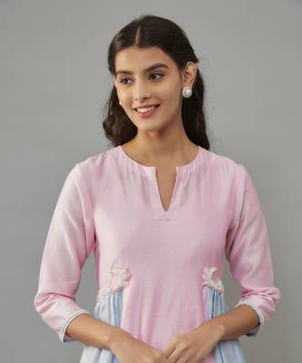 Ruelle powder pink hand woven chanderi co-ord set with pearl embroidery 2