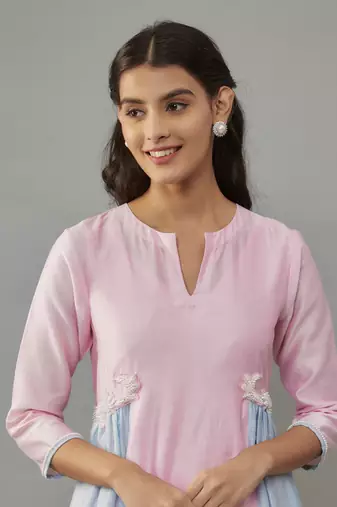 Ruelle powder pink hand woven chanderi co-ord set with pearl embroidery