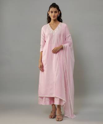 Yara powder pink hand woven chanderi suit set with pearl embroidery 1