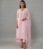 Yara powder pink hand woven chanderi suit set with pearl embroidery