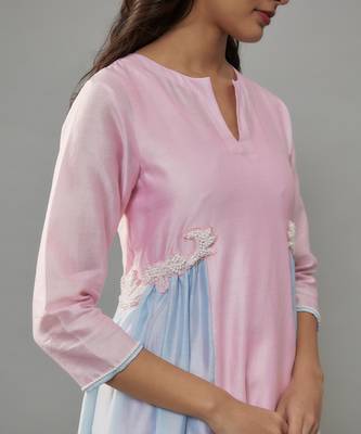 Ruelle powder pink hand woven chanderi co-ord set with pearl embroidery 3