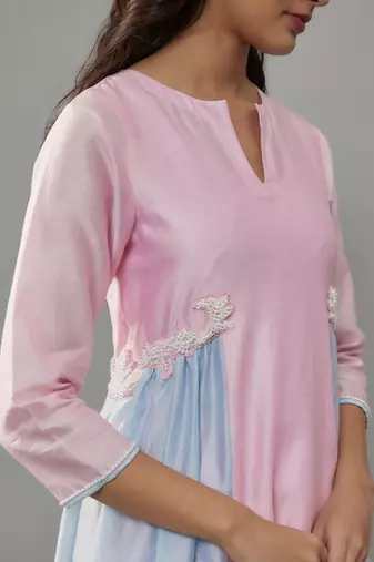 Ruelle powder pink hand woven chanderi co-ord set with pearl embroidery