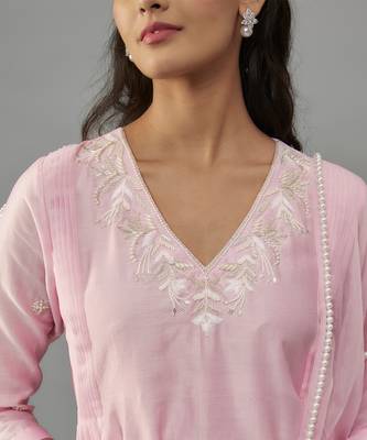 Yara powder pink hand woven chanderi suit set with pearl embroidery 2