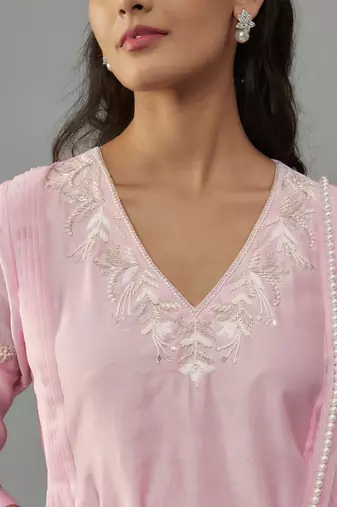 Yara powder pink hand woven chanderi suit set with pearl embroidery