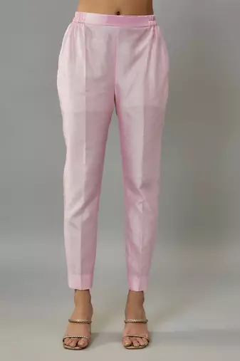 Ruelle powder pink hand woven chanderi co-ord set with pearl embroidery