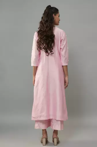 Yara powder pink hand woven chanderi suit set with pearl embroidery