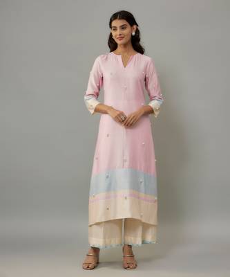 Sora powder pink hand woven chanderi co-ord set with pearl embroidery 1