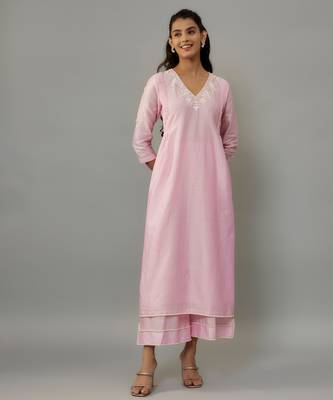 Yara powder pink hand woven chanderi suit set with pearl embroidery 4