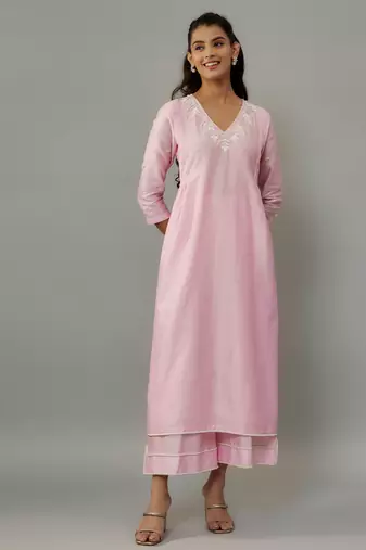 Yara powder pink hand woven chanderi suit set with pearl embroidery