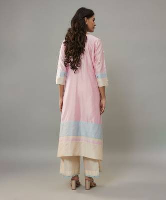 Sora powder pink hand woven chanderi co-ord set with pearl embroidery 2