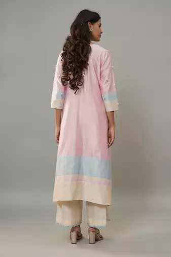 Sora powder pink hand woven chanderi co-ord set with pearl embroidery