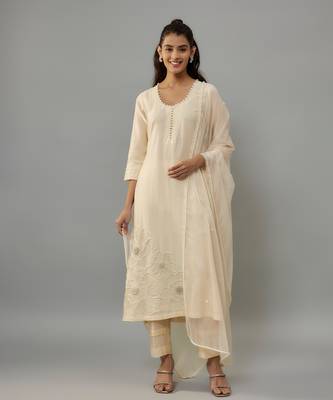 Eira ivory hand woven chanderi suit set with pearl embroidery 1