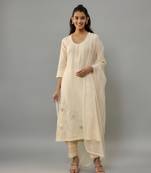 Eira ivory hand woven chanderi suit set with pearl embroidery