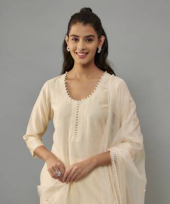 Eira ivory hand woven chanderi suit set with pearl embroidery 3