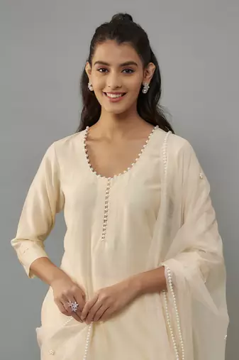Eira ivory hand woven chanderi suit set with pearl embroidery
