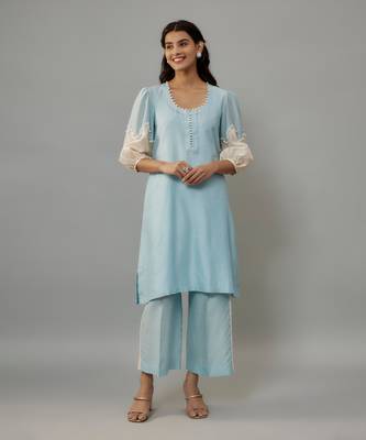 Nishi powder blue hand woven chanderi co-ord set with pearl embroidery 1