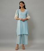 Nishi powder blue hand woven chanderi co-ord set with pearl embroidery