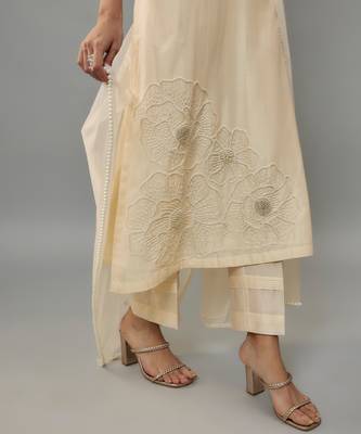 Eira ivory hand woven chanderi suit set with pearl embroidery 4