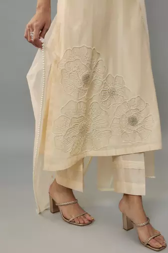 Eira ivory hand woven chanderi suit set with pearl embroidery