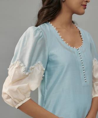 Nishi powder blue hand woven chanderi co-ord set with pearl embroidery 2