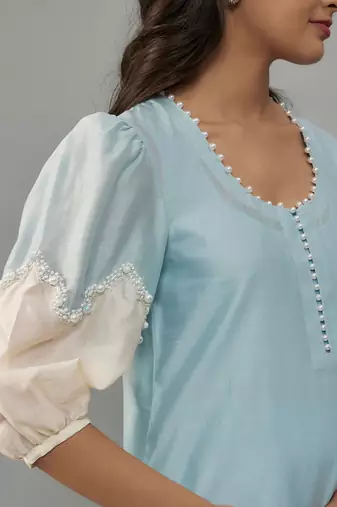 Nishi powder blue hand woven chanderi co-ord set with pearl embroidery