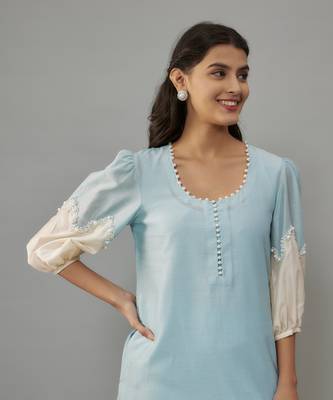 Nishi powder blue hand woven chanderi co-ord set with pearl embroidery 3