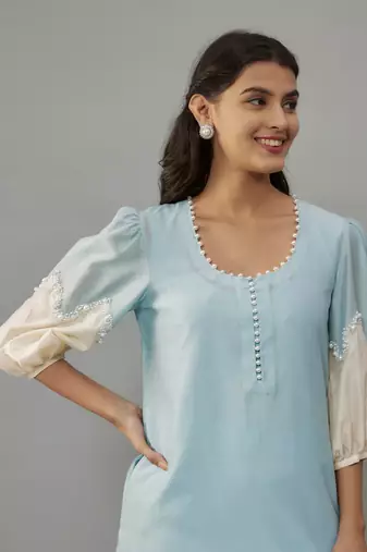 Nishi powder blue hand woven chanderi co-ord set with pearl embroidery