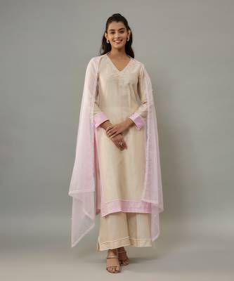 Aika ivory hand woven chanderi suit set with pearl embroidery 1