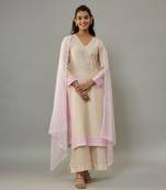 Aika ivory hand woven chanderi suit set with pearl embroidery