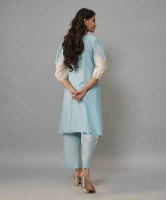 Nishi powder blue hand woven chanderi co-ord set with pearl embroidery 4